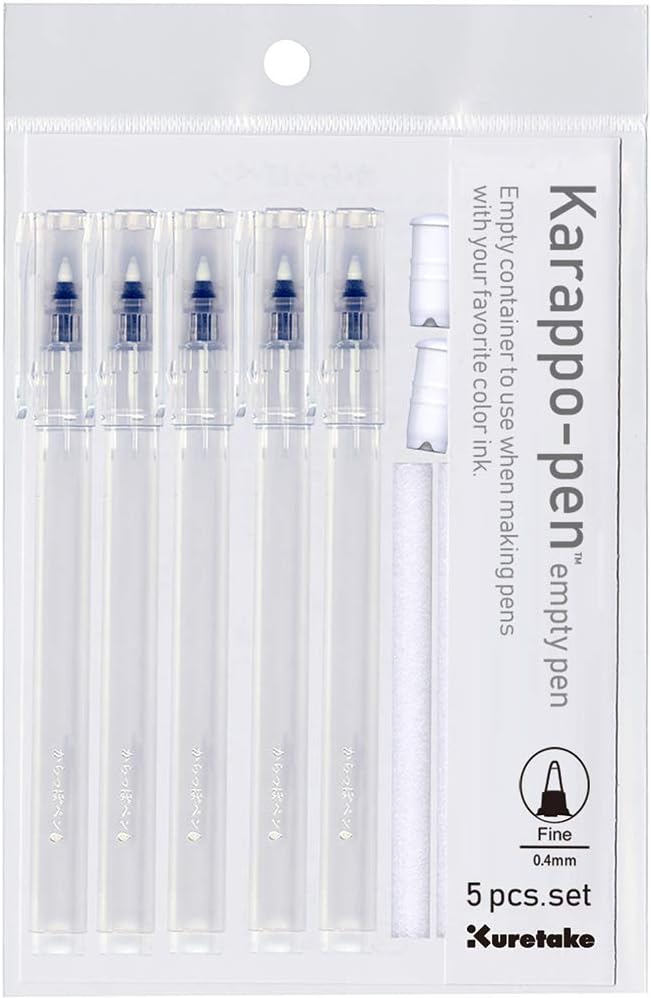 Kuretake Karappo Pen, Fine tip 5pcs Set, Empty refillable Ink Pen, for Lettering, Calligraphy, Illustration, Drawing, Made in Japan