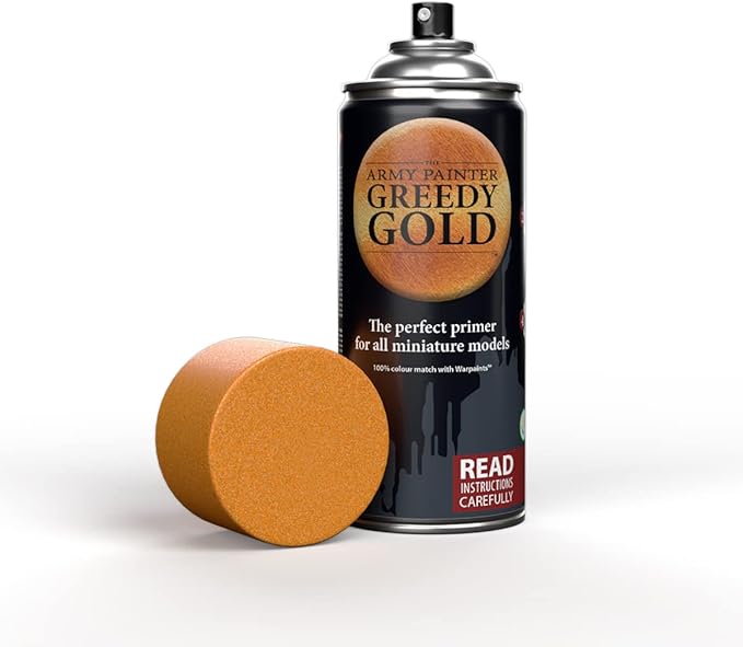 The Army Painter Colour Primer Greedy Gold, 400 mL Acrylic Spray Primer, Spray Paint for Miniature Priming Basecoat, Tabletop Roleplaying, Boardgames, and Wargames Miniature Modelling