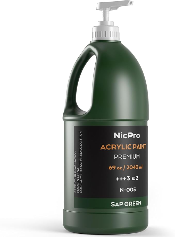 Nicpro Sap Green Large Acrylic Paint Set (69 oz, 2040 ml) Rich Art Painting Supplies Non Toxic for Multi Surface, Canvas, Wood, Leather, Fabric Stone Craft, for Beginner & Artist with Pump