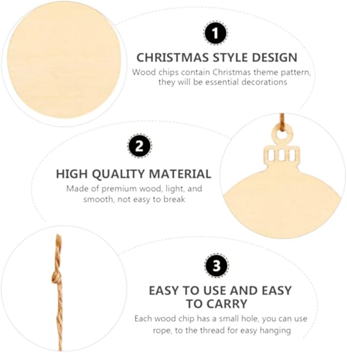 60pcs Wooden Ornaments, BetterJonny 3.15 * 2.56in Unfinished Natural Wood Slices with Holes Blank Wood Discs with 60pcs Jute Rope for DIY Christmas Decoration