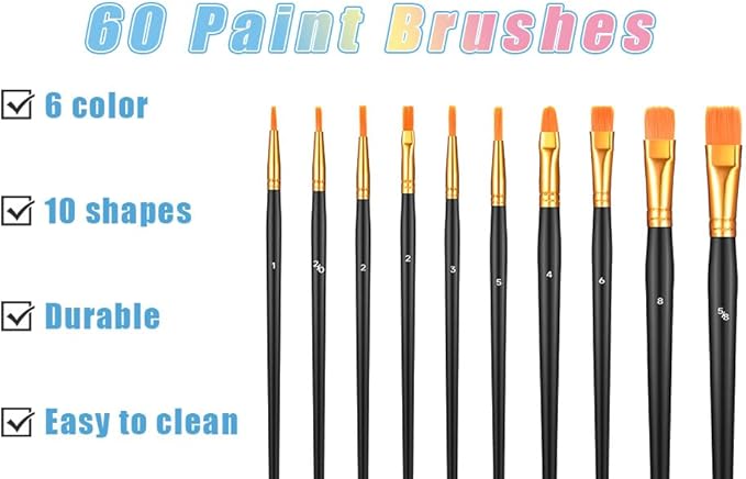 72 Pcs 60 Paint Brushes and 12 Paint Palette Tray, Paints Brushes Palette Set, Professional Artist Painting Set for Watercolor, Oil, Acrylic Painting, Suitable for Kid and Adults