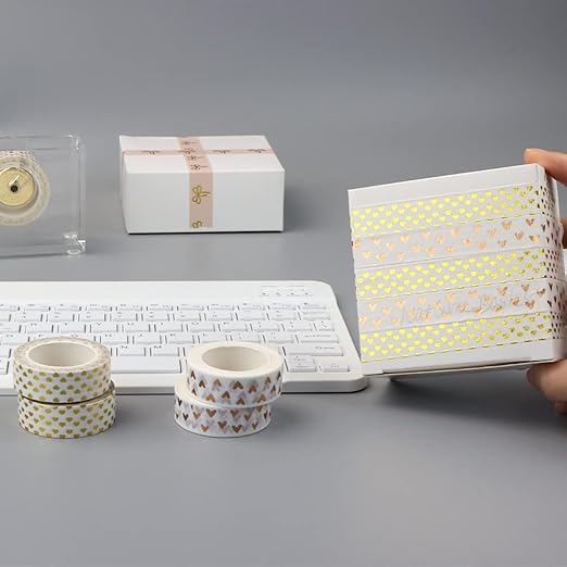 NatSumeBasics 2 Love Washi Tapes Hearts Scrapbook Tape Glitter Foil Masking Tapes for Decor Holiday Wedding (Bronze Hearts Tape)