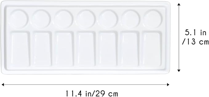 Rectangular Ceramic Paint Palette with Lid, 14-Well Porcelain Watercolor Mixing Tray for Acrylic, Oil & Gouache, Large Artist Watercolor Palette with Plastic Cover