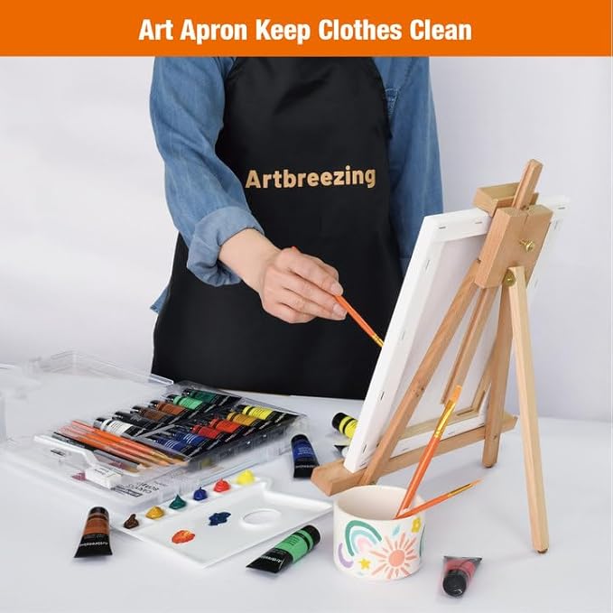Artbreezing 25pc Tabletop Easel Painting Set,Acrylic Paint,Portable Easel,Brushes,Canvas,Apron, Plastic Carry Case,Art Set for Kids,Adults,Beginners,Artists (SET-25PCS-12 * 22ML)