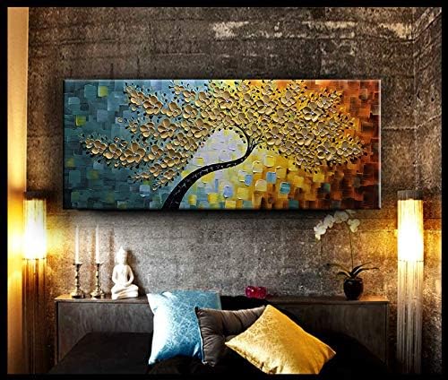 YaSheng Art -100% Hand Painted 3D Golden Flowers Contemporary Art Oil Painting On Canvas Texture Palette Knife Tree Paintings Home Dining Room Living Room Wall Decor Large Abstract Canvas Art Paintings 24x60inch