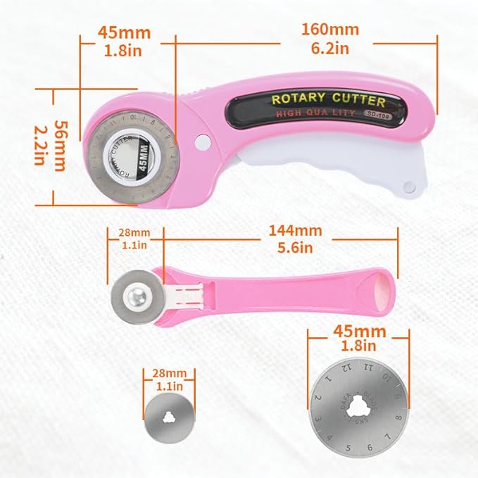 Rotary Cutter for Fabric, 45mm and 28mm Rotary Cutters Kit with Extra 10 Blades, Ergonomic Rolling Cutter with Safety Lock, Suitable for Leather, Crafting, Sewing, and Quilting Fabric (Pink)