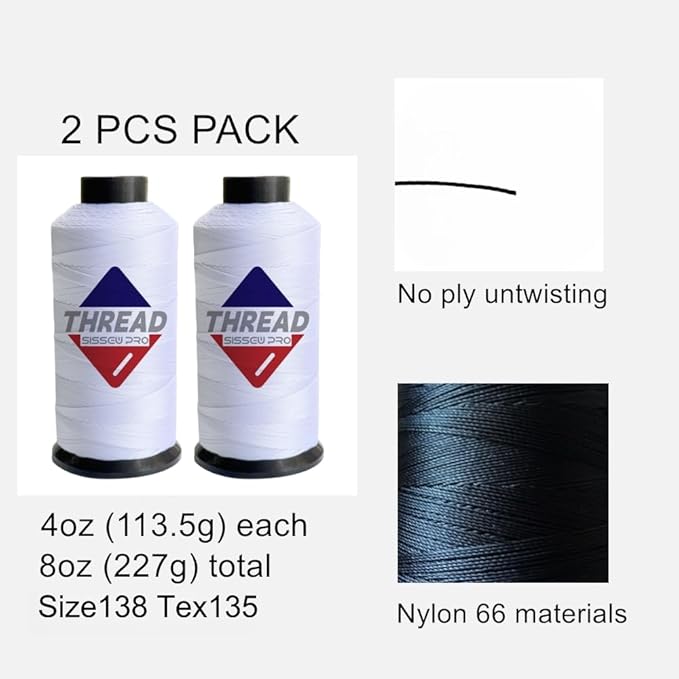 Sissewpro Bonded Nylon Thread 138 Upholstery Thread Heavy Duty for Sewing Machine Strong Black Threads for Leather Crafts Furniture Cusion,Boats Car Cover Seats,Canvas,Tex135, 4oz 750yds (2, White)