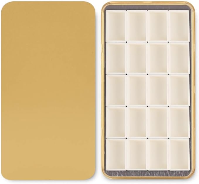 Portable Watercolor Paint Palette with Tins, Lightweight Empty Full Pans with Magnetic Squares, Metal Paint Tray Palettes for Travel, Acrylics Painting and Art, 20Full Pans,Gold