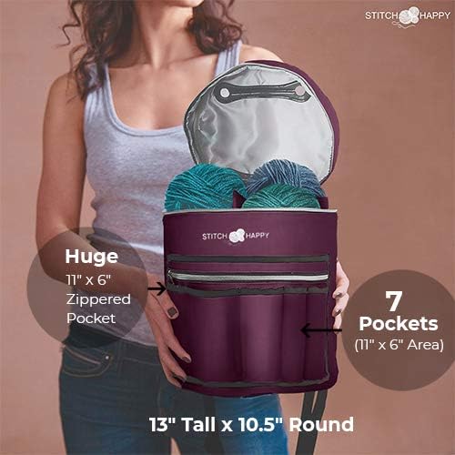 Designer Stitch Happy Crocheting Kit: 52 Piece Crochet Kit for Beginners & 7 Pocket Yarn Bag, Signature Yarn Storage - Royal Purple