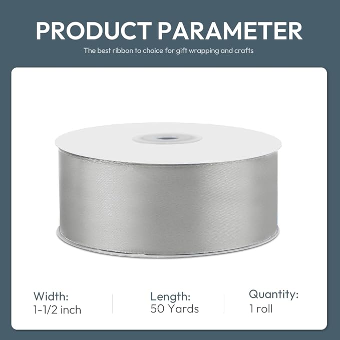 KMER LIFE 1-1/2" Wide x 50 Yards Silvery Single Faced Polyester Satin Ribbon, Silvery Satin Ribbon Perfect for Wedding Decor, Wreath, Crafts, Gift Wrapping & Other Projects (Silvery)