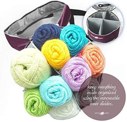 Designer Stitch Happy Crocheting Kit: 52 Piece Crochet Kit for Beginners & 7 Pocket Yarn Bag, Signature Yarn Storage - Royal Purple