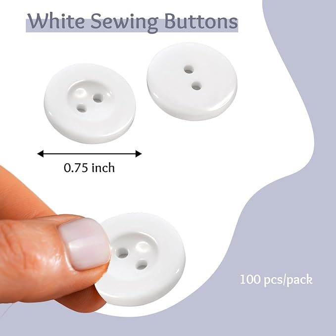 White Buttons for Sewing Pack of 100 3/4" (19mm) 2 Hole Round Plastic Buttons Glossy 0.75 inch 30L Plain Bulk Sewing Buttons for Lab Coat Pants Suit Workwear School Outfits Aprons Crafts DIY