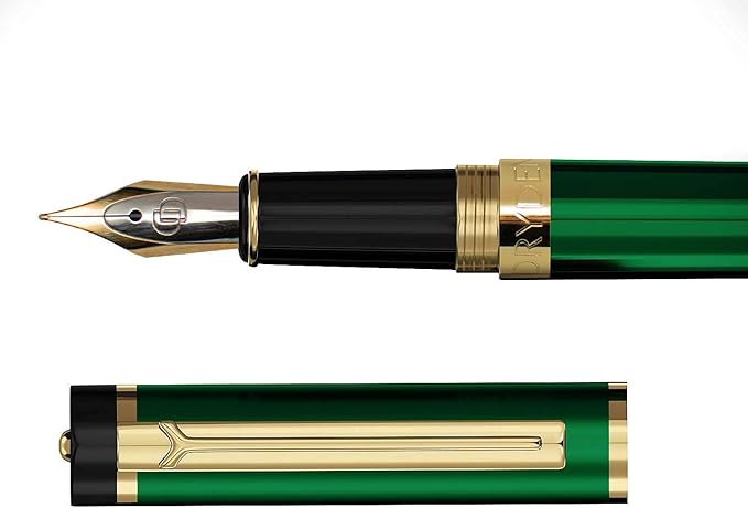 Dryden Designs Fountain Pen. Medium Nib Premium Box | 6 Ink Cartridges Included (Emerald Green)