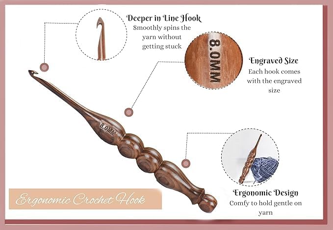 Wooden Crochet Hooks Set of 13 for Arthritic Hands | Ergonomic Soft Grip Handcrafted Knitting Needle for Crocheting and Knitting (Brown (Crochet - 5))
