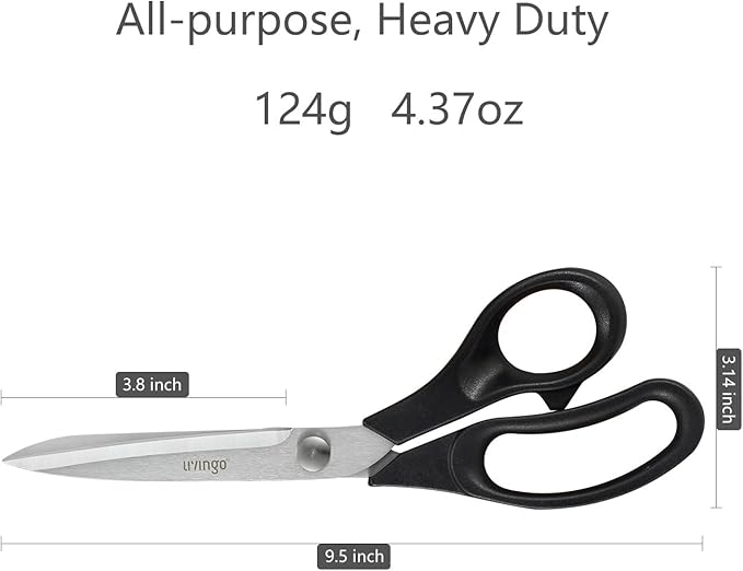 LIVINGO 9.5” Fabric Shears, Black Handle Stainless Steel Heavy Duty Sharp Bent Sewing Shears for Sewing, Quilting, Crafting Cutting Cloth, Leather, Paper