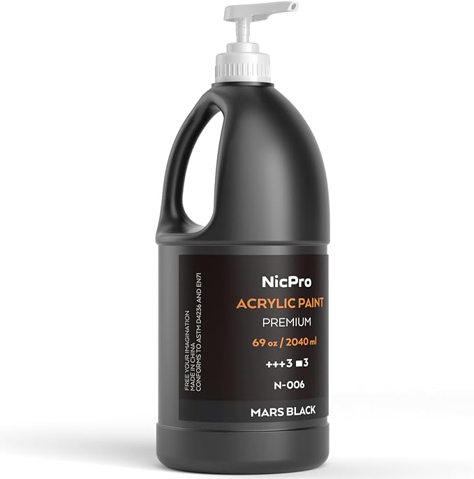 Nicpro Black Large Acrylic Paint Set (69 oz, 2040 ml) Rich Art Painting Supplies Non Toxic for Multi Surface, Canvas, Wood, Leather, Fabric Stone Craft, for Beginner & Artist with Pump