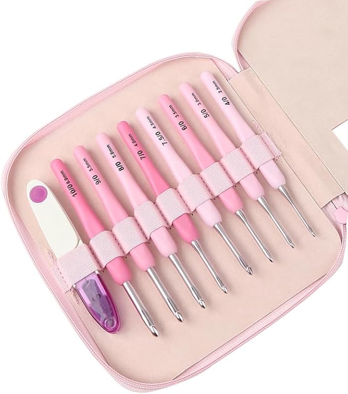 Crochet Hook Set with Case, 8 Ergonomic Soft Grip Hooks, 2.5mm-6.0mm Sizes, Complete Kit for Knitting Projects