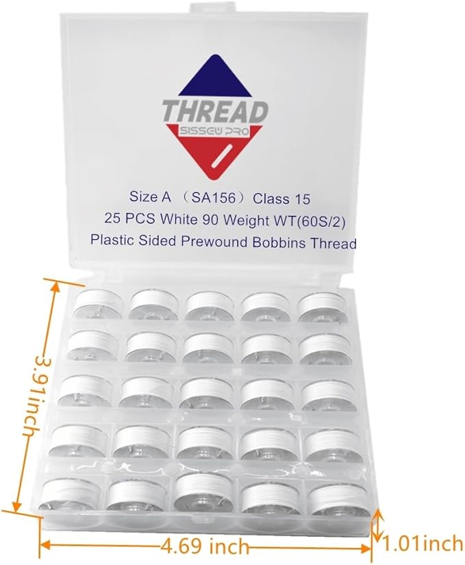 25pcs White 60S/2(90WT) Prewound Bobbin Thread, Plastic Size A SA156 Embroidery Bobbins, Cottonized Soft Feel Sewing Machine Bobbin for Brother Singer Janome Babylock Quilting Embroidery