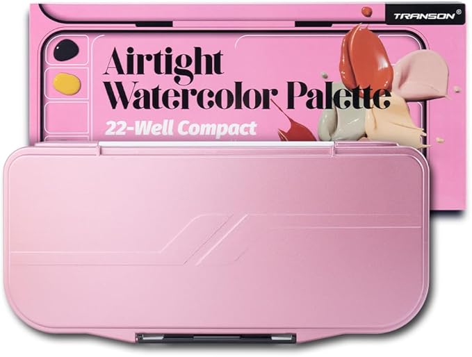 Transon Watercolor Palette Folding with Lid 18wells 2 Mixing Areas and 1 Large Mixing Tray Also for Gouache Acrylic Paint Palette Metallic Pink