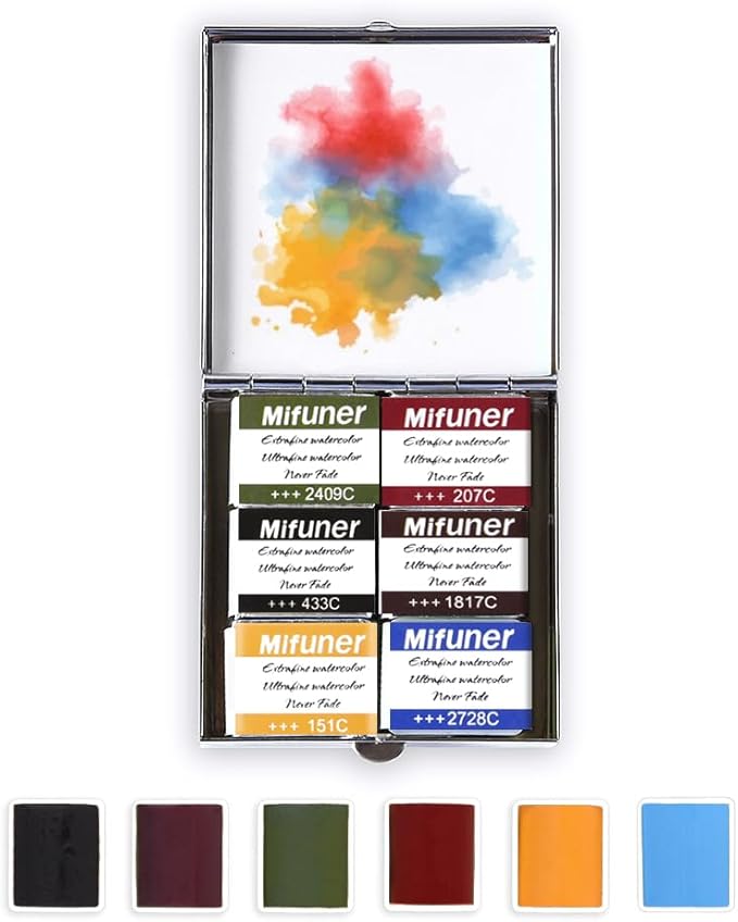 Mini Portable Handmade Artist Watercolor Paint Travel Metallic Box Set with 6 Solid Watercolor Half Pans (Each Capacity Approx 1.5ml) Pearlescent.Mix Color 02