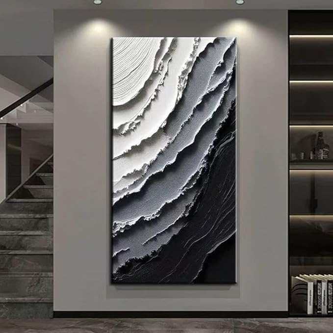 YaSheng Art -Handmade Modern Abstract Wall Art, Black and White Gradient Canvas Print, Large Vertical Wall Art for Living Room Bedroom Office Decor, 24x48inch Ready to Hang