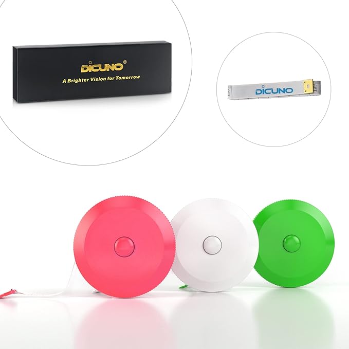 DiCUNO 60-Inch 1.5 Meter Soft and Retractable Tape Body Tailor Sewing Craft Cloth Dieting Measuring Tape (3 Colors, White Green Pink Package with Soft tape)
