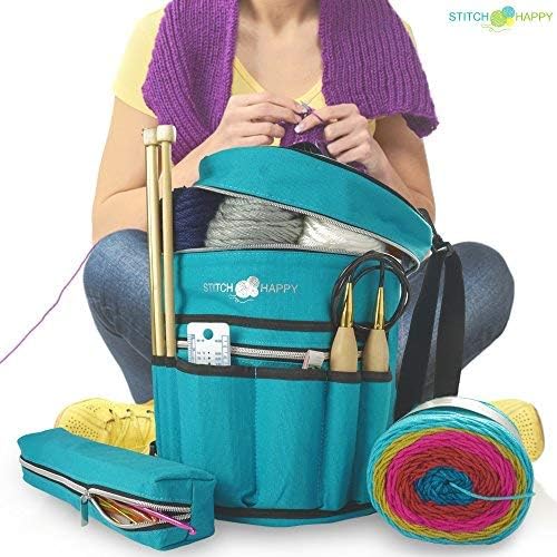Designer Stitch Happy Crocheting Kit: 52 Piece Crochet Kit for Beginners & 7 Pocket Yarn Bag, Signature Yarn Storage - Peacock