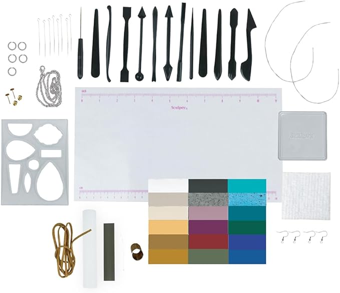 Sculpey Premo™/Soufflé Ultimate DIY Polymer Oven-Bake Clay 65 piece jewelry kit, for adults and teens, Non Toxic, 18 colors of DIY modeling clay, sculpting tools and accessories, great for beginners.