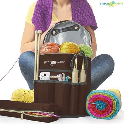 Designer Stitch Happy Crocheting Kit: 52 Piece Crochet Kit for Beginners & 7 Pocket Yarn Bag, Signature Yarn Storage - Chocolate