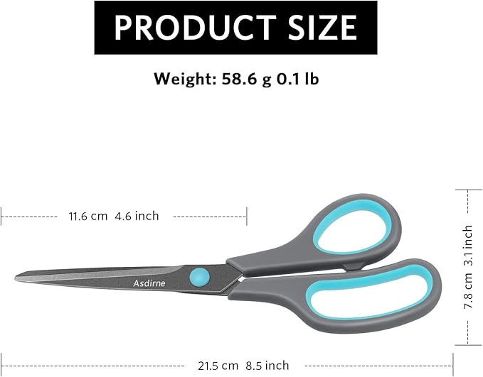 Teflon Coating Scissors, Stainless Steel Blades, Soft Grip Handle, Suitable for Households,Offices and Schools, All Purpose, Blue/Grey, 21.5 cm