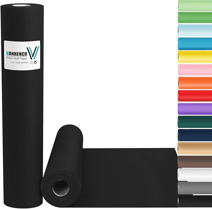 Vanhench Black Art & Construction Paper 17.6"×670", Black Kraft Paper Roll for Gifts Crafts Bouquet Flower Wrapping, Moving Supplies, Poster Bulletin Board Paper