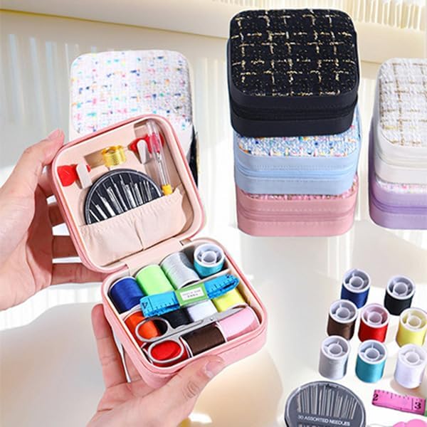 Mini Sewing Kit in Stylish Leather Case – Complete Set with Scissors,Needles,Thread & More, Fashion Box for Store Jewelry– Perfect for Beginners & Travel (White)