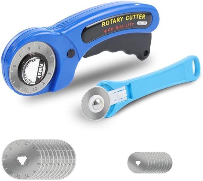 Rotary Cutter for Fabric, 45mm and 28mm Rotary Cutters Kit with Extra 10 Blades, Ergonomic Rolling Cutter with Safety Lock, Suitable for Leather, Crafting, Sewing, and Quilting Fabric (Blue)