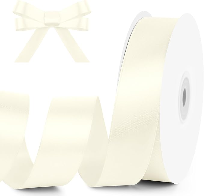 KMER LIFE 1 Inch Wide x 50 Yards Ivory Single Faced Polyester Satin Ribbon for Wedding Decor, Wreath, Crafts, Gift Wrapping & Other Projects