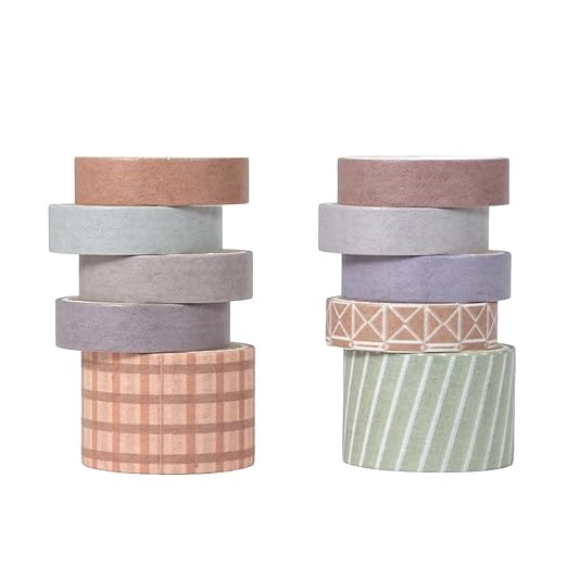 10 Rolls Washi Tape Set, Solid Color & Grid Decorative Tapes for Journals, Scrapbooking, Gift Wrapping, Decor & Crafts (Sunset)