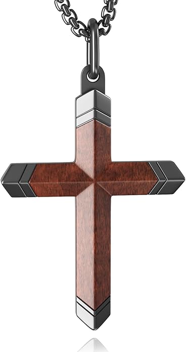 Wooden Cross Necklace for Men and Women 304L Stainless Steel Durable Snag-Free Box Chain with Reinforced Clasp Christian Jewelry Gift for Dad/Son/Husband/Loves/Friends