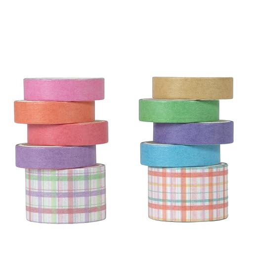 10 Rolls Washi Tape Set, Solid Color & Grid Decorative Tapes for Journals, Scrapbooking, Gift Wrapping, Decor & Crafts (Macaron)