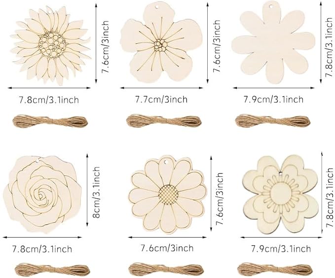 60 Pcs Wooden Ornaments, BetterJonny 3.15 * 2.56in Unfinished Natural Wood Slices with Holes Blank Wood Discs with 60pcs Jute Rope for DIY Christmas Decoration