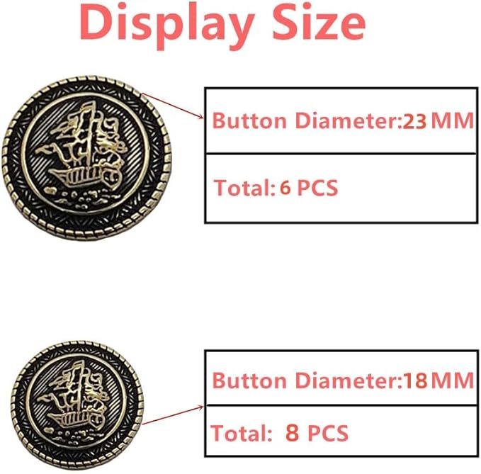 14 Pieces Old Gold Button Vintage Antique Metal Buttons Set 18mm 23mm for Blazers, Suits, Sport Coats, Uniform, Jackets (MBM32)