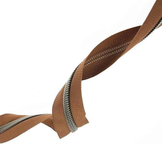 #5 Antique Brass Metallic Nylon Coil Zippers by The Yard Bulk Brown Zipper Tape 10 Yards with 25Pcs Pulls for DIY Sewing Craft Bags YIGUANXIN