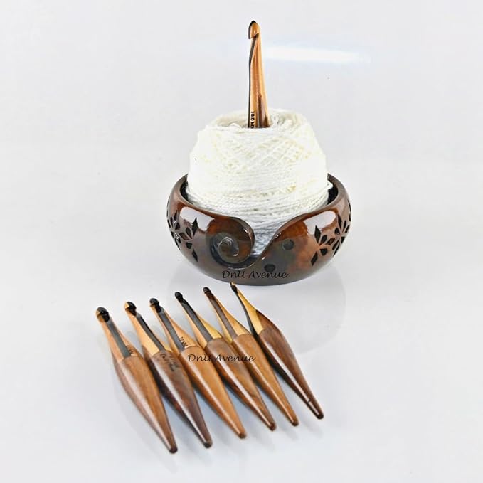 DnU Avenue Multicolor Wooden Crochet Hooks Set of 7 (4MM–10MM) with Yarn Bowl | Ergonomic Crochet Hooks for Arthritic Hands | Comfortable Wooden Crochet Needles | Perfect Gift for Crochet Lovers