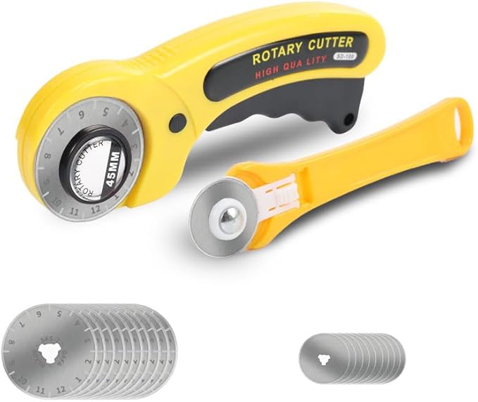 Rotary Cutter for Fabric, 45mm and 28mm Rotary Cutters Kit with Extra 10 Blades, Ergonomic Rolling Cutter with Safety Lock, Suitable for Leather, Crafting, Sewing, and Quilting Fabric (Yellow)