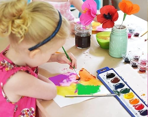 36 Pack of Watercolor Paint Sets for Kids - Quality Wood Brush - Washable - Nontoxic - 8 Vibrant Colors - Closable Lid