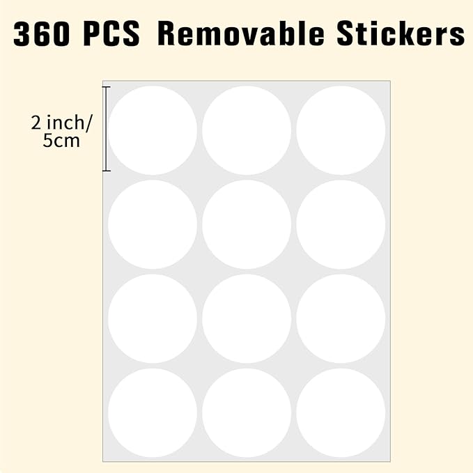 2" Round Large Colored Removable Stickers Labels - White,Pack of 360