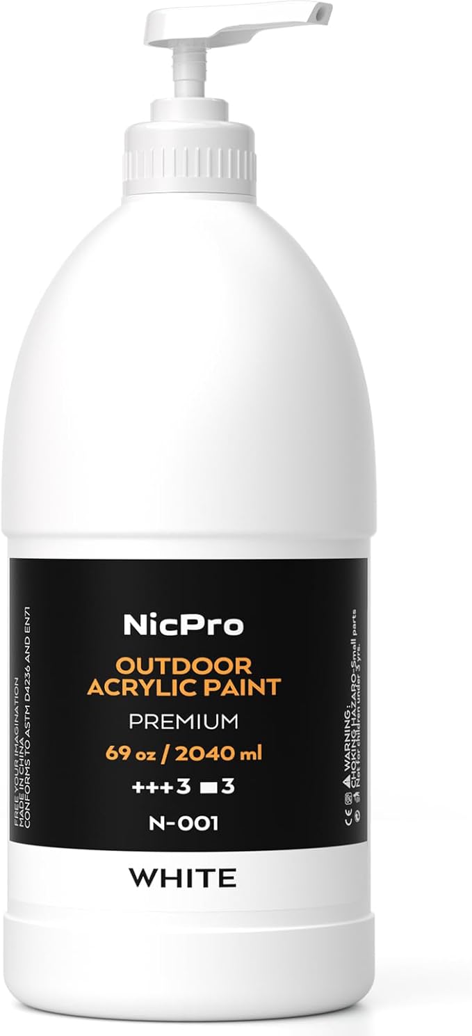 Nicpro White Large Outdoor Acrylic Paint Set (69 oz, 2040 ml) Rich Art Painting Supplies Non Toxic Multi Surface Paint for Canvas, Wood, Leather, Fabric Stone Craft, Concrete, Wall, for Beginners, Artists & Adults with Pump