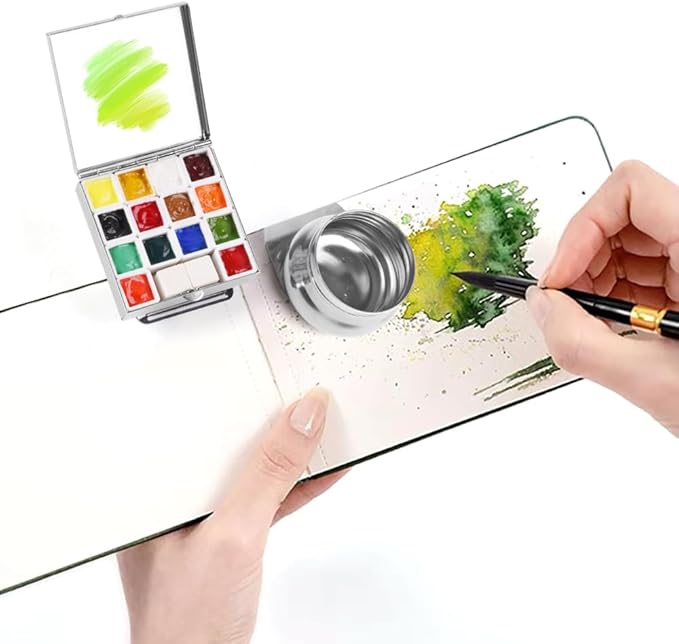 Portable Mini Tin Box 14-Well Empty Watercolor Palette Paint Mixing Tray is a Small Storage Travel Kit with Magnetic Clip and Oil Pot, Perfect for Outdoor Sketching and DIY Painting.Sunflower