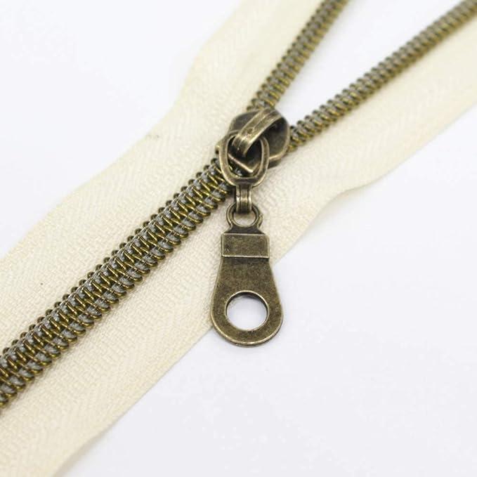 MebuZip #5 Antique Brass Metallic Nylon Coil Zippers by The Yard Bulk Coil Zipper Roll 10 Yards with 25pcs Pulls for DIY Sewing Craft Bags (Beige)