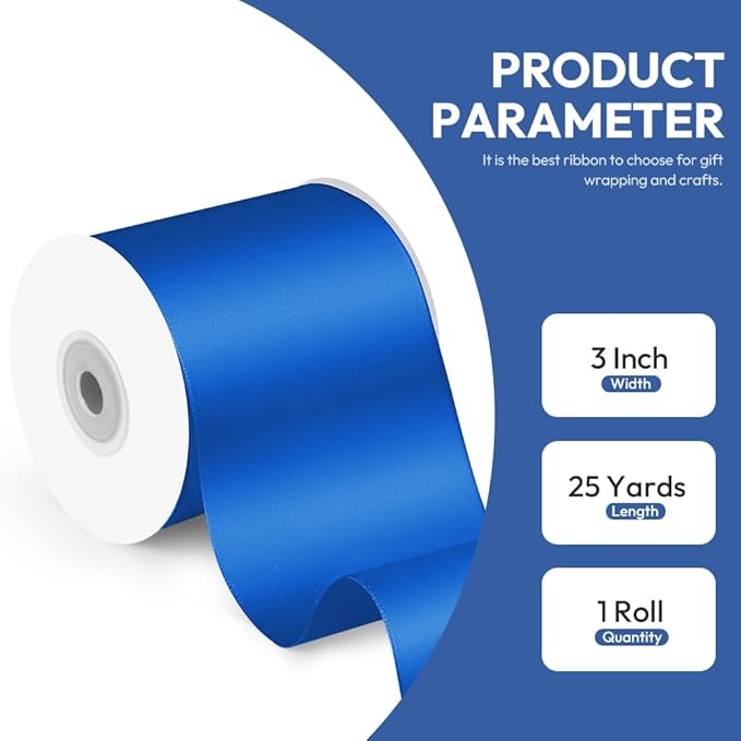 3" x 25 Yards Satin Ribbon, Royal Blue Silk Ribbon Ideal for Gift Wrapping, Floral Bouquets, Crafts, Wedding Party Decorations, Christmas and Sewing Projects