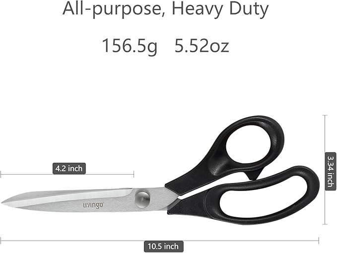 LIVINGO 10.5” Bent Fabric Scissors, Stainless Steel Heavy Duty Sharp Sewing Shears for Tailor Sewing Crafting Cutting Cloth, Leather, Paper