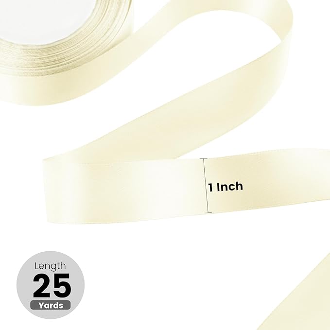 1" x 25 Yards Satin Ribbon, Ivory Silk Ribbon Ideal for Gift Wrapping, Floral Bouquets, Crafts, Wedding Party Decorations, Christmas and Sewing Projects